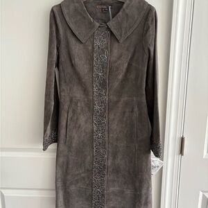 Chic Gray Women's Leather Trench Coat with Embroidery